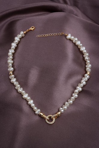 Taşlı Halka Uçlu Gold Renk Inci Kolye