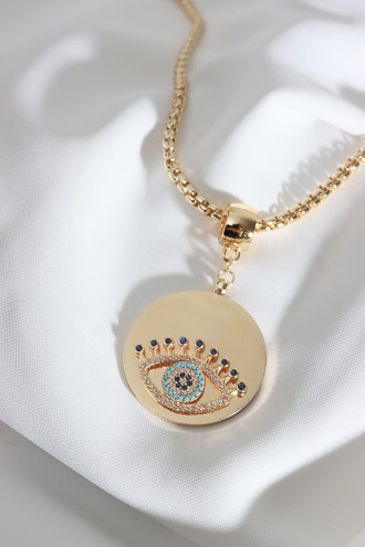 Uzun Zincirli Gold Renk Plaka Üzeri Taşlı Göz Kolye