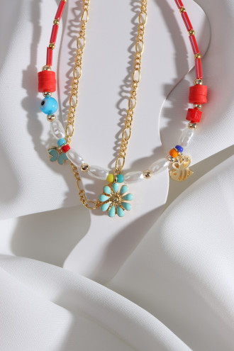 2'Li Kırmızı Boncuklu Gold Renk Zincirli Charm Halhal