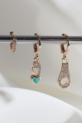 Vip Collectıon 3'Lü Mavi Mineli Gold Renk Halka Küpe