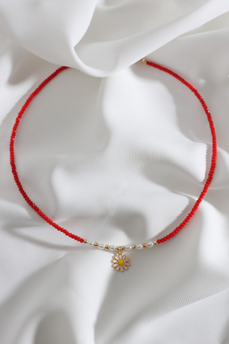 Kırmızı Boncuklu Papatya Figür Çıtır Kolye