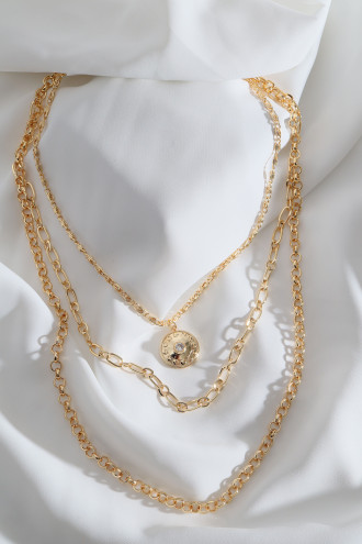 3'Lü Tek Taşlı Madalyon Gold Renk Kolye