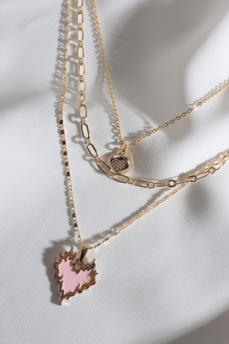 Mavi Mineli 3'Lü Gold Renk Alevli Kalp Zincir Kolye