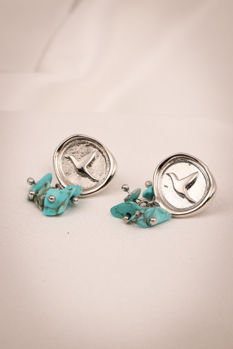 Mavi Doğal Taş Sallantılı Kuş Figürlü Gümüş Renk Küpe