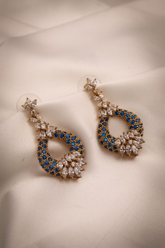 Gold Renk Mavi Zircon Taşlı Sallantılı Abiye Küpe