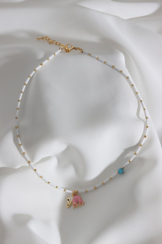 Pembe Mineli Fil Uçlu Beyaz Boncuk Kolye