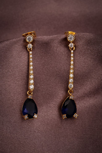 Lacivert Taşlı Gold Renk Sallantılı Abiye Küpe