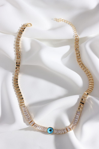 Baget Zircon Taşlı Nazar Boncuklu Gold Renk Kolye