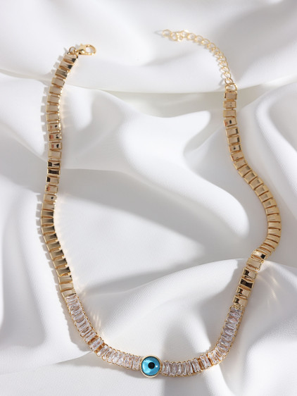Baget Zircon Taşlı Nazar Boncuklu Gold Renk Kolye