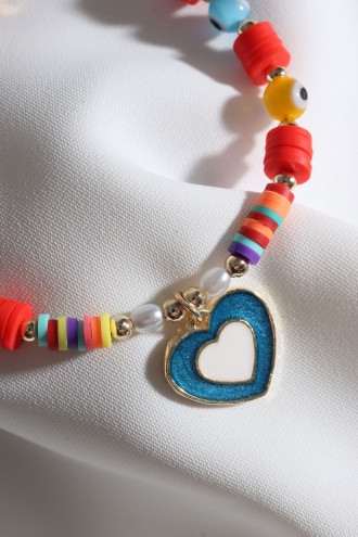 Kırmızı Fimo Boncuklu Lacivert Mineli Kalp Bileklik