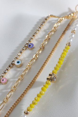 4'Lü Sarı Boncuk Detaylı Gold Renk Çoklu Bileklik