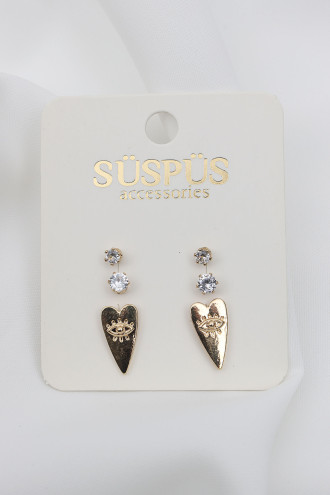 6'Lı Tek Taşlı Göz Figürlü Kalp Gold Renk Küpe