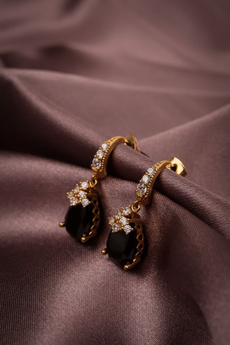 Siyah Taşlı Gold Renk Abiye Küpe