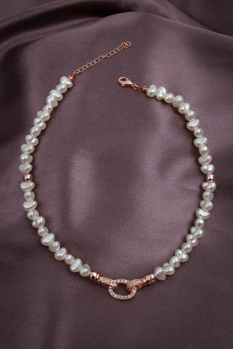 Taşlı Oval Halka Uçlu Rose Inci Kolye