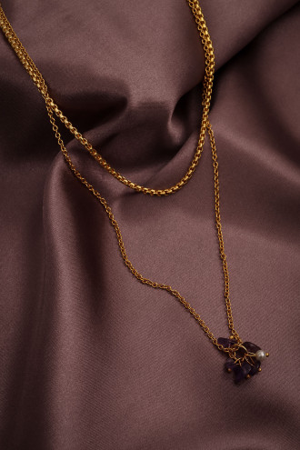 Mor Doğal Taş Sallantılı Ikili Zincir Kolye