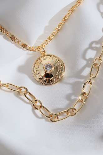 3'Lü Tek Taşlı Madalyon Gold Renk Kolye