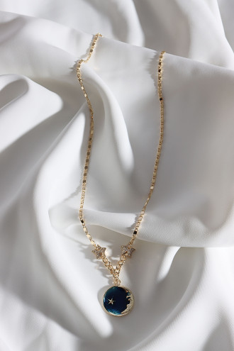 Lacivert Mineli Gold Renk Ay Kolye