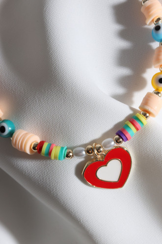 Krem Fimo Boncuklu Kırmızı Mineli Kalp Bileklik