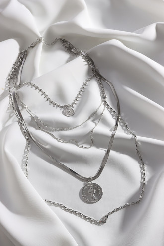 Plakalı 5'Li Gümüş Renk Zincir Kolye