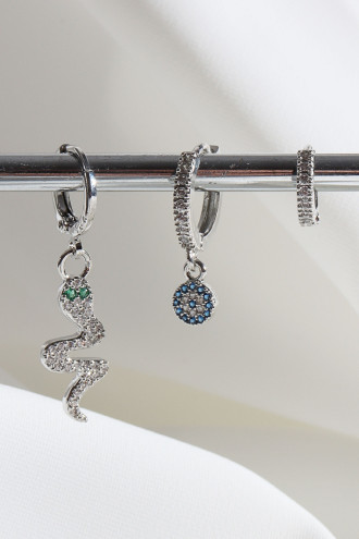 Vip Collectıon 3'Lü Yılan/Nazar Gümüş Renk Küpe