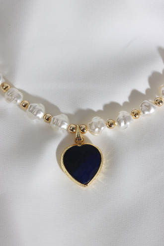Lacivert Renk Kalp Taşlı İnci Kolye