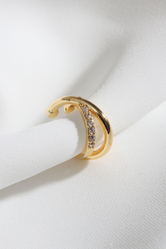 Iki Sıralı Çapraz Taşlı Tek Sıkıştırmalı Gold Renk Kıkırdak Küpe