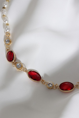 Kırmızı Oval Taşlı İnci Kolye