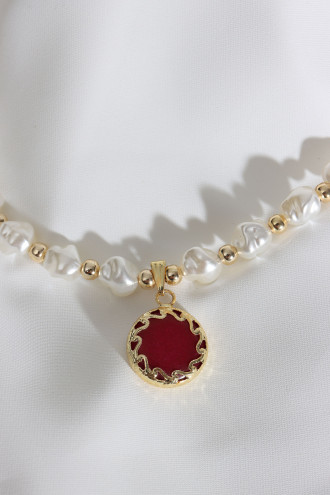 Gold Renk Bordo Taşlı Inci Kolye