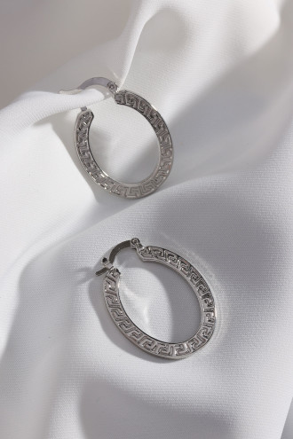 Desenli Oval Gümüş Renk Vintage Halka Küpe