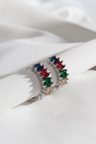 Renkli Kare Taşlı Küçük Boy Zircon Gümüş Renk Küpe