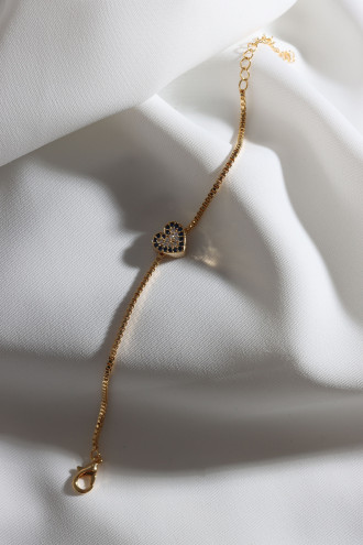 Lacivert Taş Şeritli Zircon Taşlı Gold Renk Kalp Bileklik