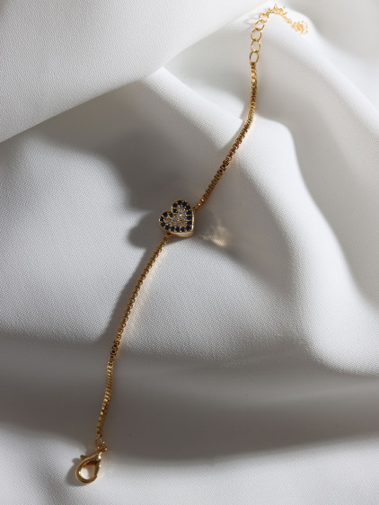 Lacivert Taş Şeritli Zircon Taşlı Gold Renk Kalp Bileklik