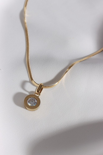 Zircon Taş Sallantılı Yassı Italyan Zincirli Çelik Gold Renk Kolye