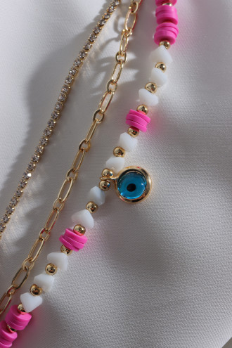 3'Lü Gold Renk Su Yolu Detaylı Pembe Boncuklu Nazar Bileklik