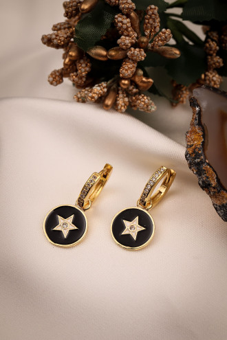 Siyah Mineli Yıldız Figür Gold Renk Halka Küpe