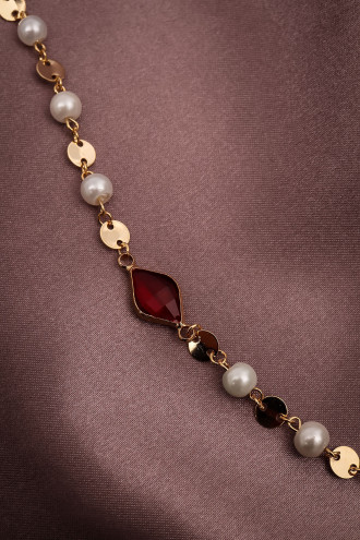 Kırmızı Taş Detaylı Inci Kolye