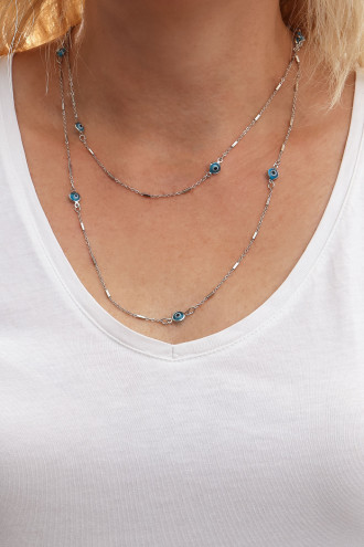 Uzun Mavi Nazarlı Gümüş Renk Kolye