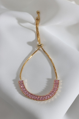 Pembe Baget Taşlı Gold Renk Asansörlü Su Yolu Bileklik
