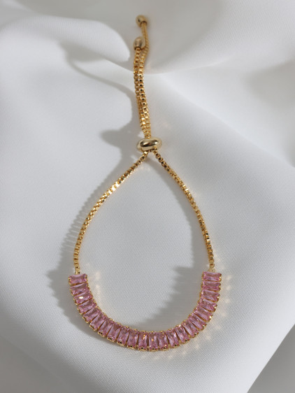 Pembe Baget Taşlı Gold Renk Asansörlü Su Yolu Bileklik