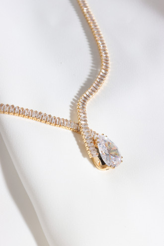 Zircon Damla Taşlı Vip Gold Renk Abiye Kolye