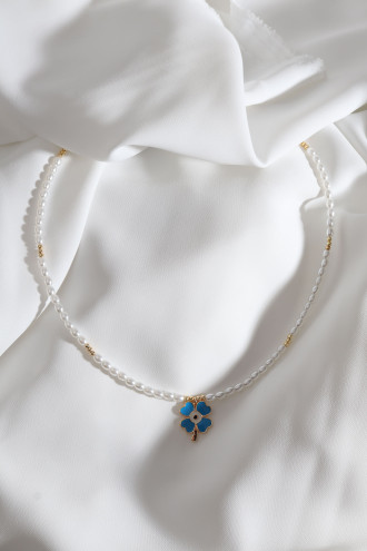 Mavi Mineli Yonca Figür Inci Kolye