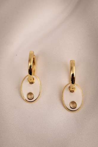 Düğme Model Beyaz Mineli Gold Renk Halka Küpe