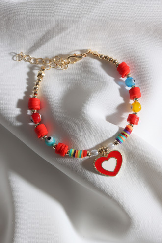 Kırmızı Fimo Boncuklu Kırmızı Mineli Kalp Bileklik