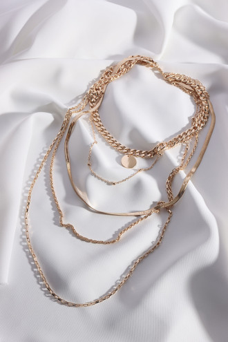 Düz Plaka Uçlu 5'Li Uzun Gold Renk Zincir Kolye