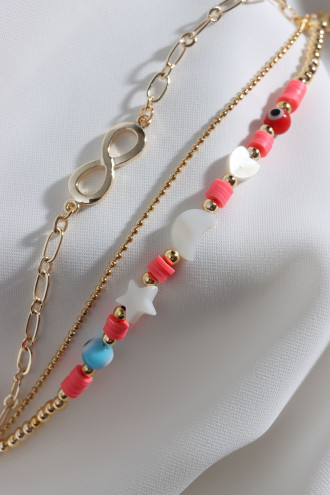 3'Lü Pembe Fimo Boncuklu Sonsuzluk Aparatlı Gold Renk Bileklik