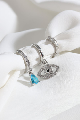 3'Lü Göz Figürlü Gümüş Renk Küpe 3'Lü Göz Figürlü Gümüş Renk Küpe