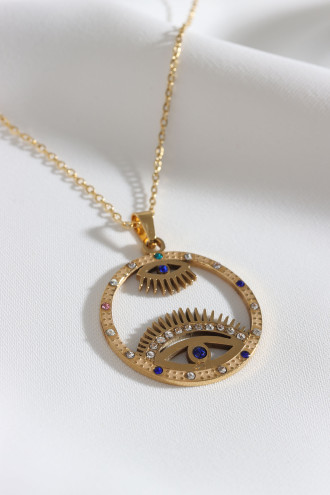 Renkli Taşlı Yuvarlak Göz Figürlü Gold Renk Çelik Kolye Renkli Taşlı Yuvarlak Göz Figürlü Gold Renk Çelik Kolye