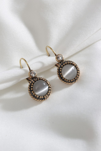 Saydam Gri Taşlı Yuvarlak Otantik Küpe