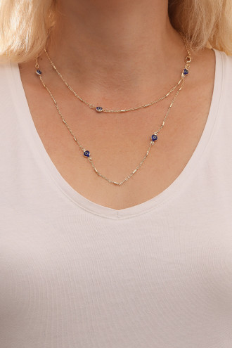 Uzun Lacivert Nazarlı Gold Renk Kolye