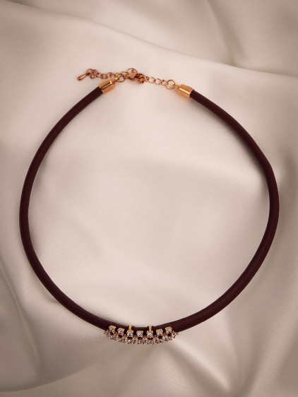 Bordo Yumuşak Deri Rose Renk Zircon Taşlı Choker